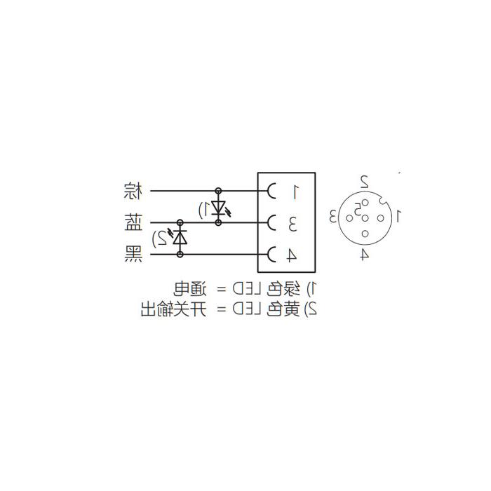 M12 3Pin、母头直型、带LED灯、单端预铸电缆、防焊渣PUR材质、橙色护套、64T033-XXX